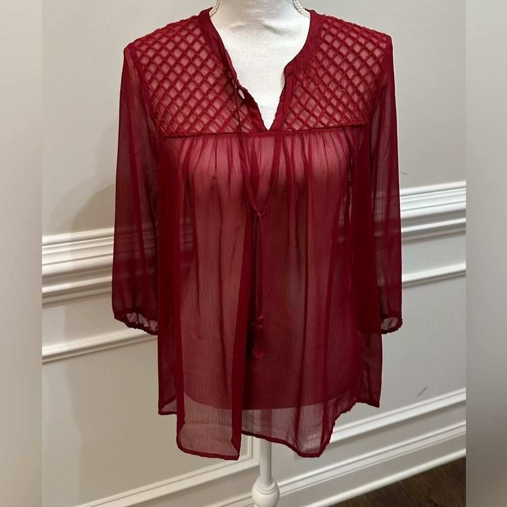 Lucky Brand Red Sheer Boho Embroidered 3/4 Sleeve Blouse with Tassels Sz S - Picture 2 of 9